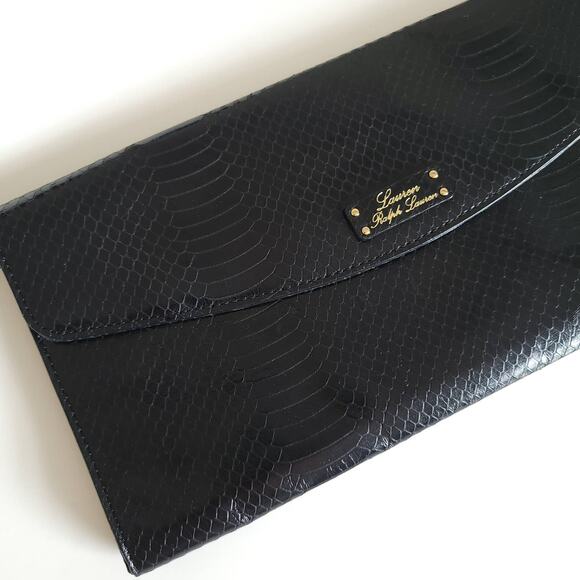 NEW Lauren Ralph Lauren Banbury Snake Envelope Clutch Black Evening - Picture 3 of 10